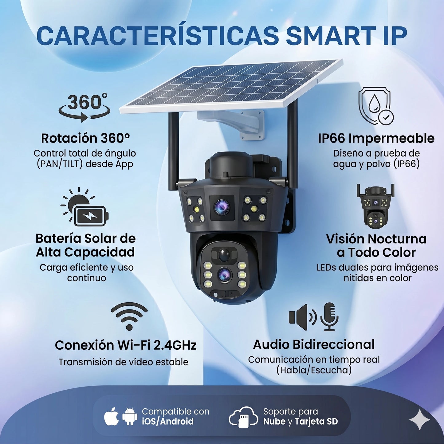 Cámara Wi-Fi Inalámbrica con Panel Solar Rotación 360° 4K