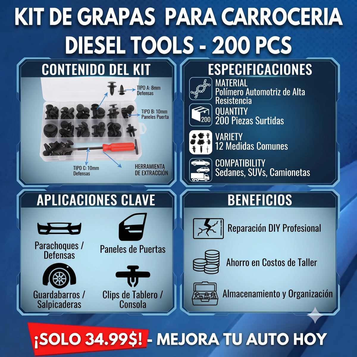 Kit 200unds Clips Grapas Para Paneles Tapizados, botones, para carrocería