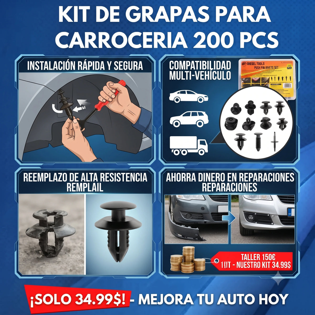 Kit 200unds Clips Grapas Para Paneles Tapizados, botones, para carrocería