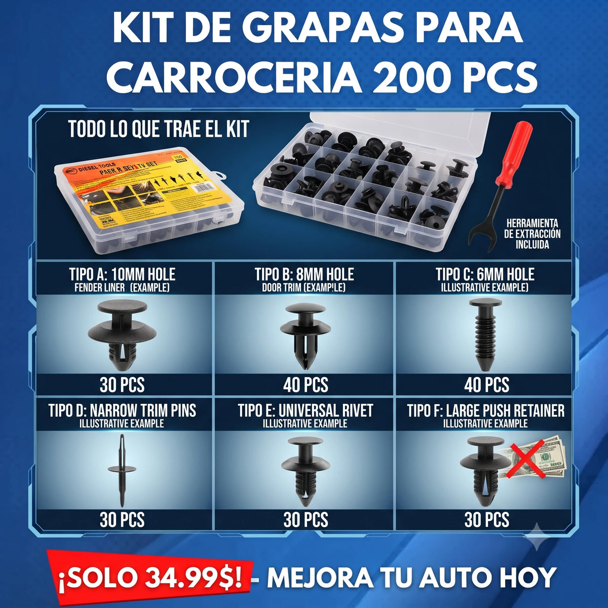Kit 200unds Clips Grapas Para Paneles Tapizados, botones, para carrocería