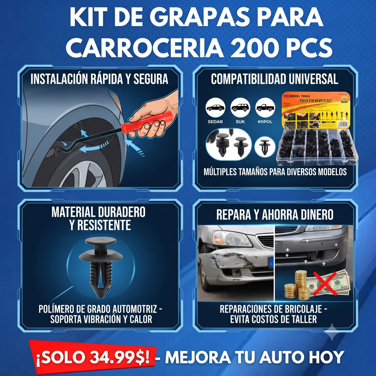 Kit 200unds Clips Grapas Para Paneles Tapizados, botones, para carrocería