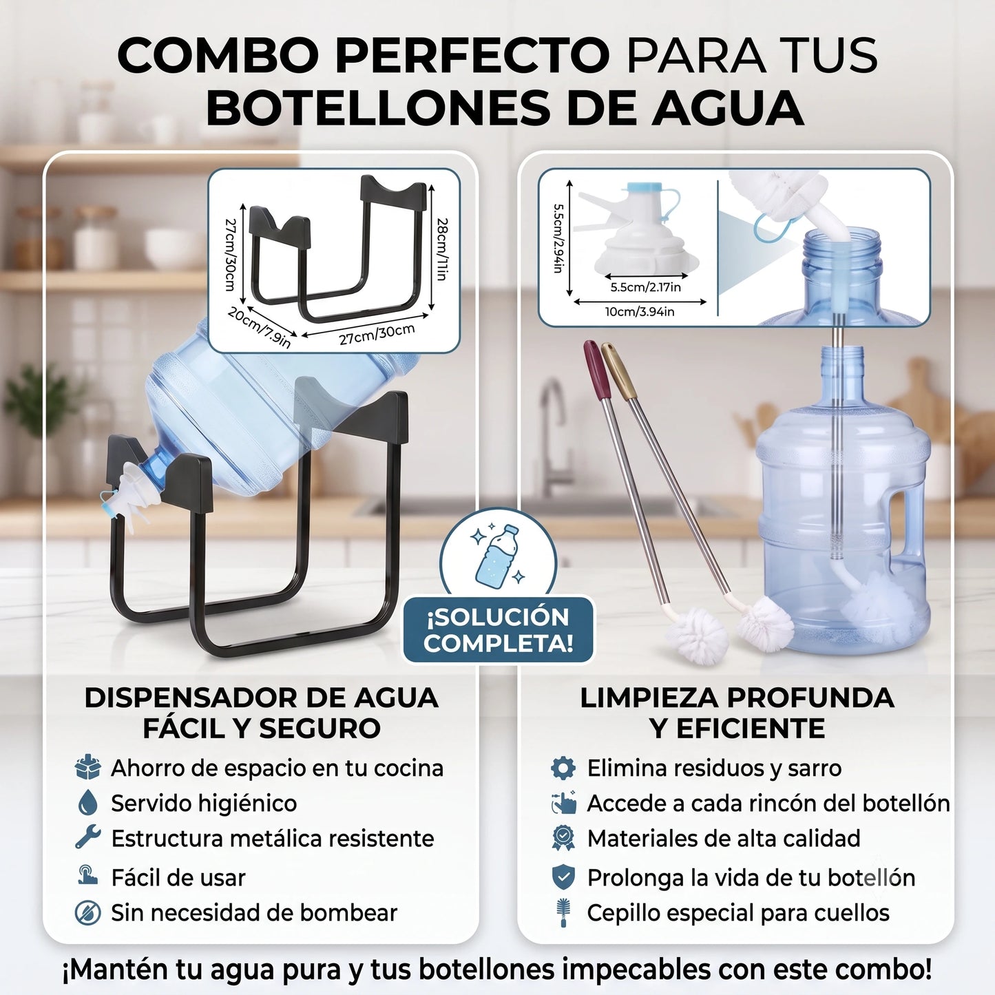 Combo Soporte y Dispensador de Agua + Cepillo Limpiador