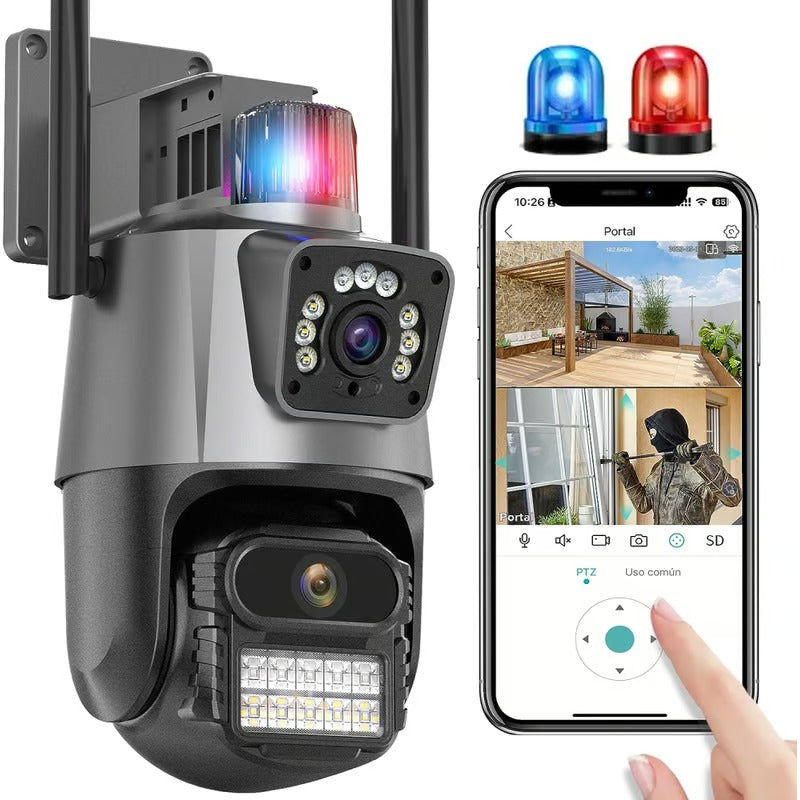 Cámara de Doble Lente con Sirena, Visión Nocturna y Detección Humana